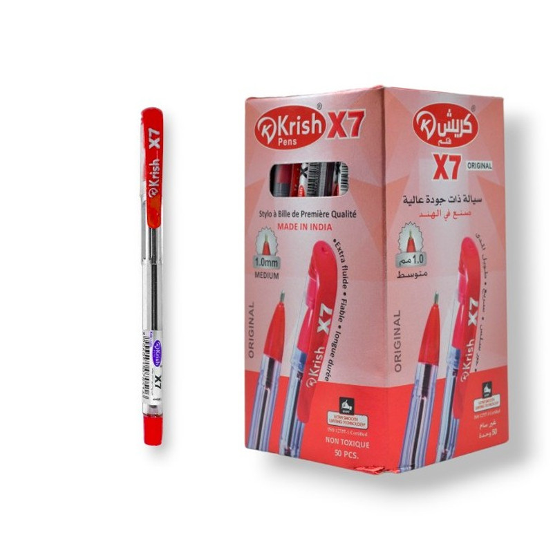 PAQUET DE 50 STYLOS A BILLE KRISH X7 ROUGE