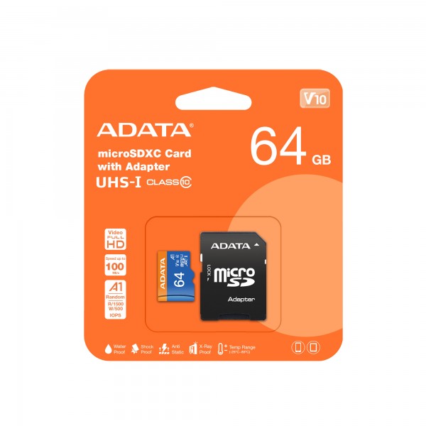 CARTE MÉMOIRE ADATA 64GB CLASS 10 MICRO SDXC AVEC ADAPTATEUR